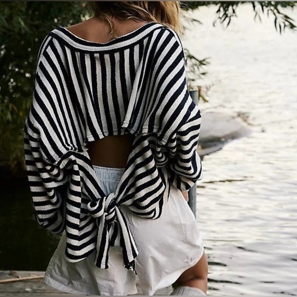 NWT Free People Alyria Printed Pullover In Nautical Strip Combo, Size Large - Picture 2 of 10